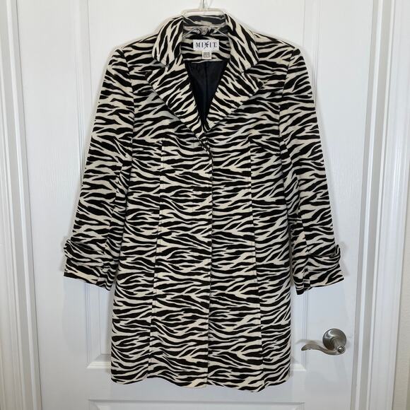 Vintage Mob Wife Faux Fur Coat Mixit Zebra Black Ivory Collared M - Picture 1 of 6
